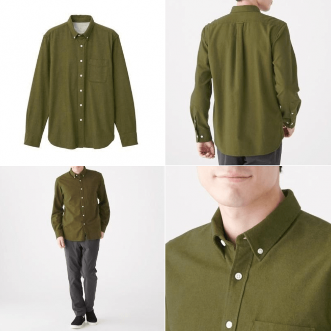 無印良品の新疆綿フランネルボタンダウンシャツ、カラー、カーキグリーン